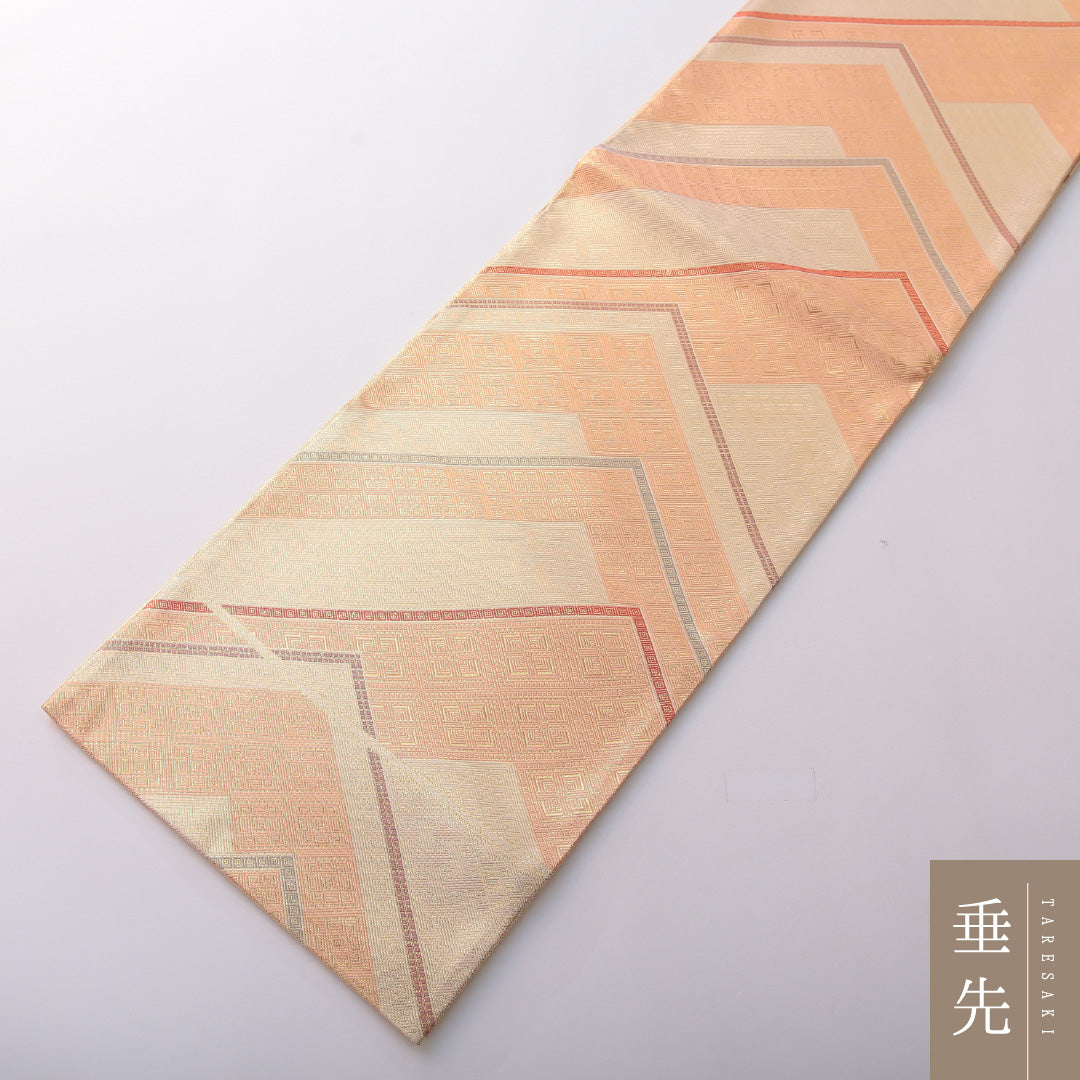 袋帯 帯丈444cm 正絹 六通 セミフォーマル 菱つなぎ 金系 クリーム系 1243-01988