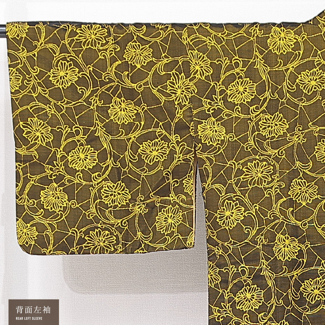 道中着 袷 身丈87cm 裄丈65cm 正絹 Dランク セミフォーマル バチ衿 Mサイズ 唐菊 黒系 HP 1236-15161