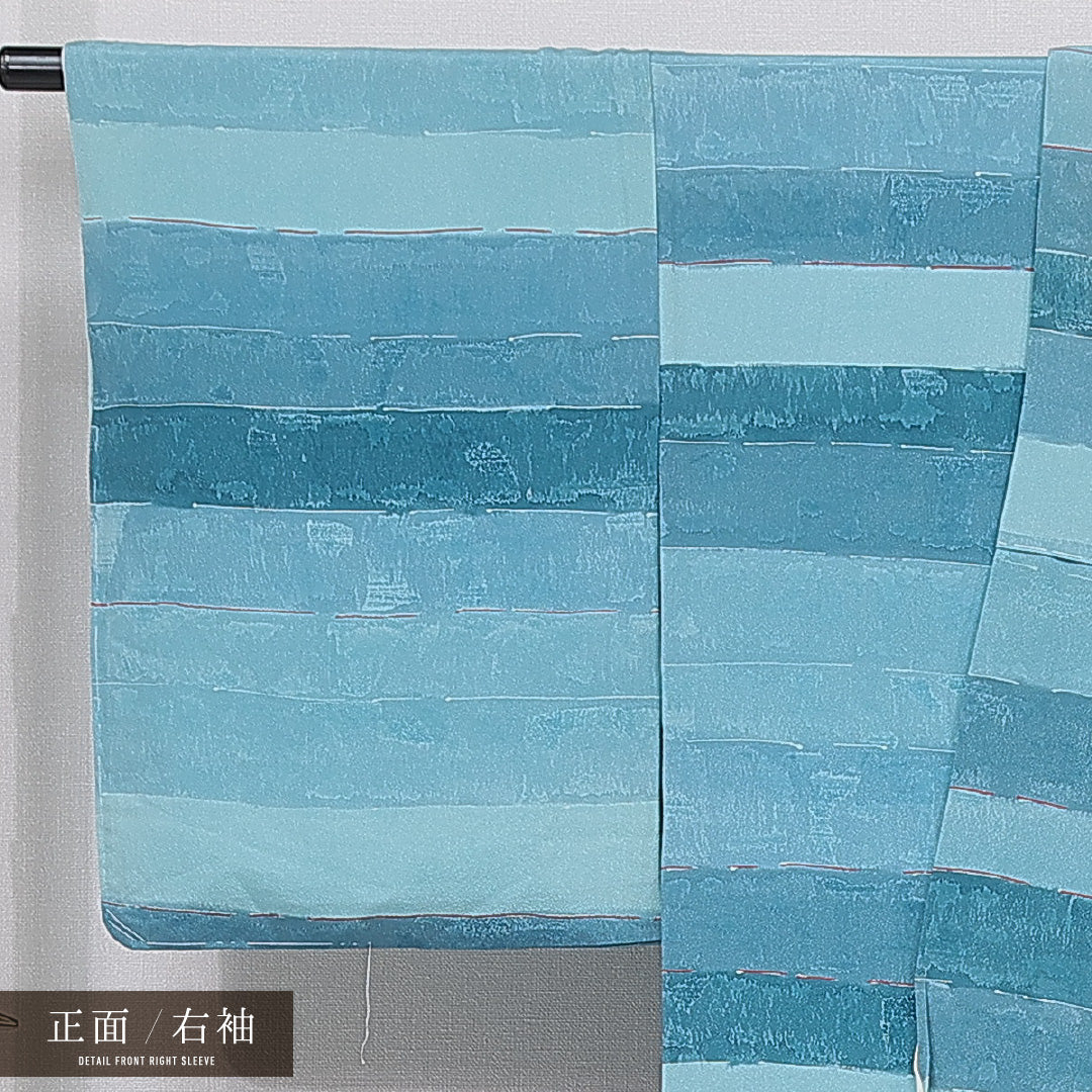 小紋 袷 身丈168cm 裄丈67cm 正絹 Cランク XLサイズ 広衿 インフォーマル 抽象柄 青系 水色系 1215-15656