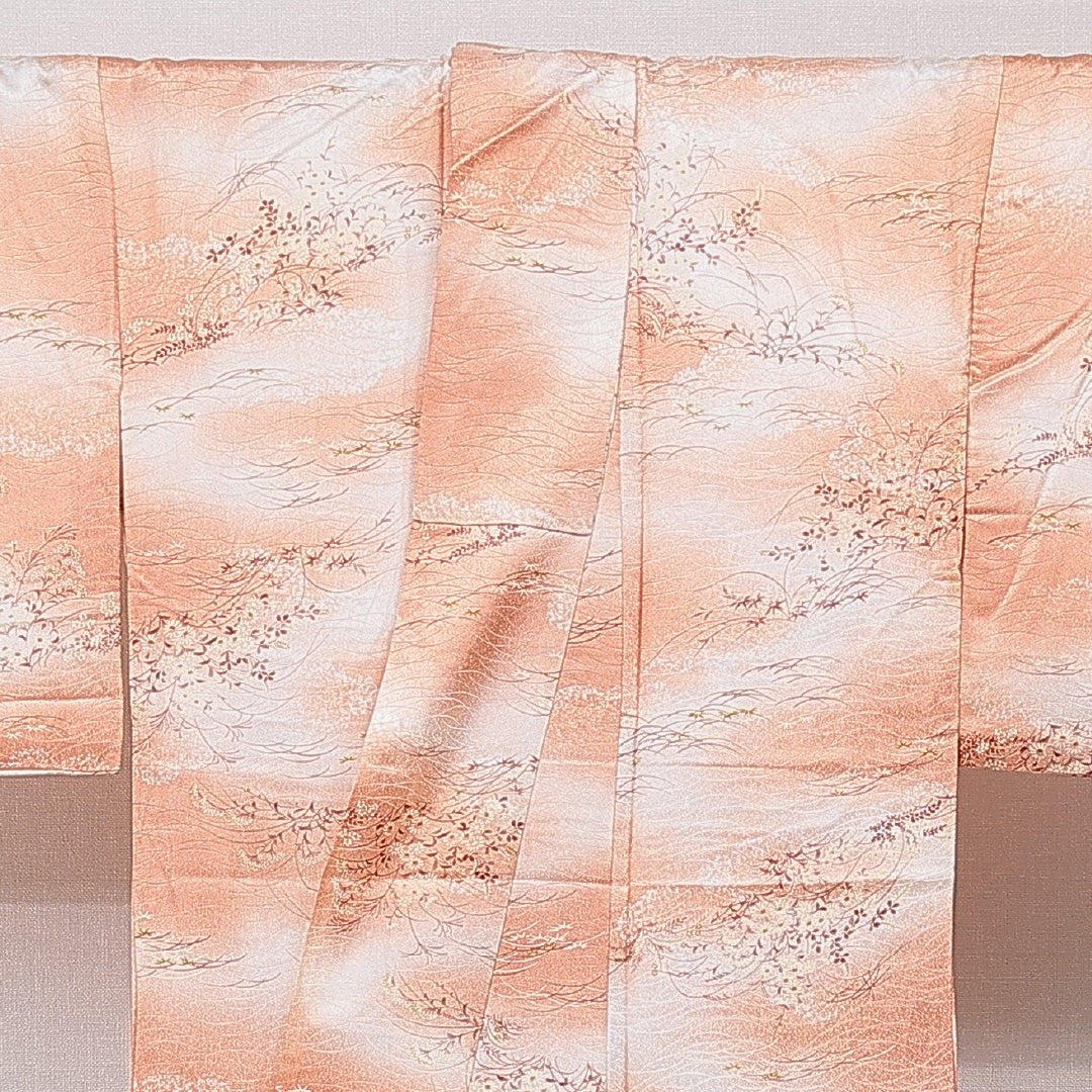 小紋 洗える着物 袷 身丈161cm 裄丈62cm ポリエステル Sランク Lサイズ 広衿 インフォーマル 菊 朱系 1215-15812