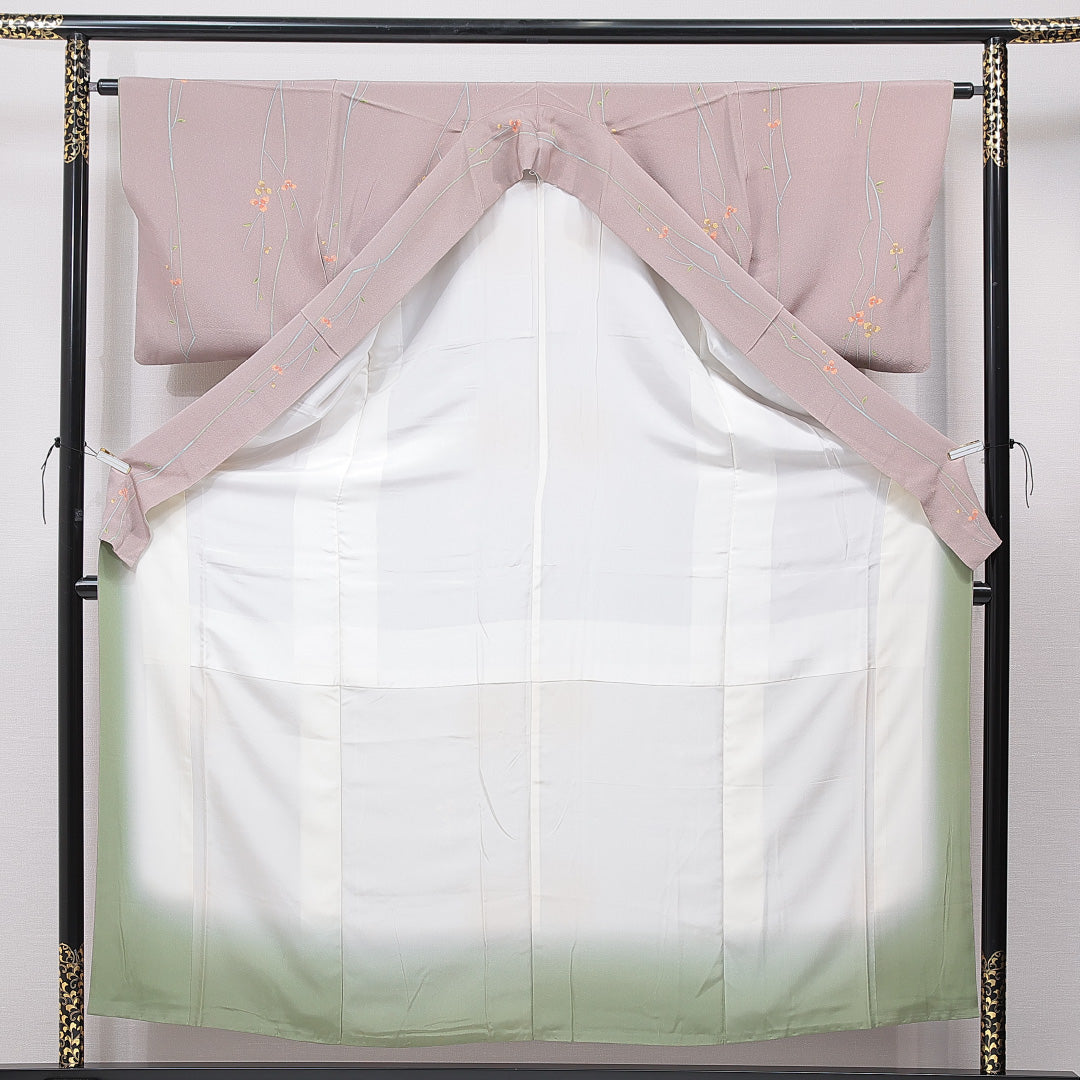 小紋 袷 身丈156cm 裄丈62cm 正絹 Sランク Mサイズ 広衿 インフォーマル 植物柄 グレー系 1215-15644