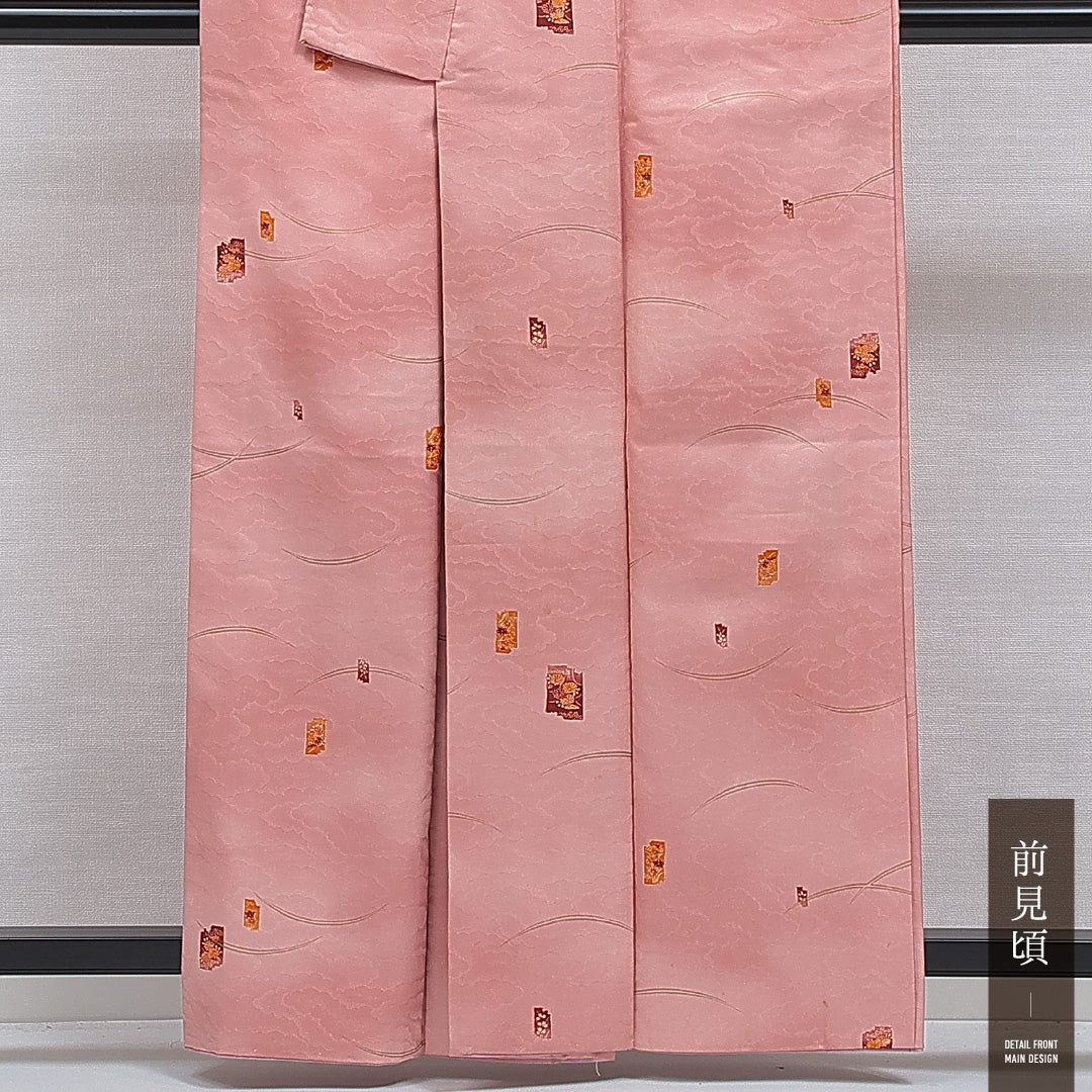 小紋 洗える着物 袷 身丈159cm 裄丈63cm ポリエステル Cランク Mサイズ 広衿 インフォーマル 色紙 雲取り ピンク系 1215-16114