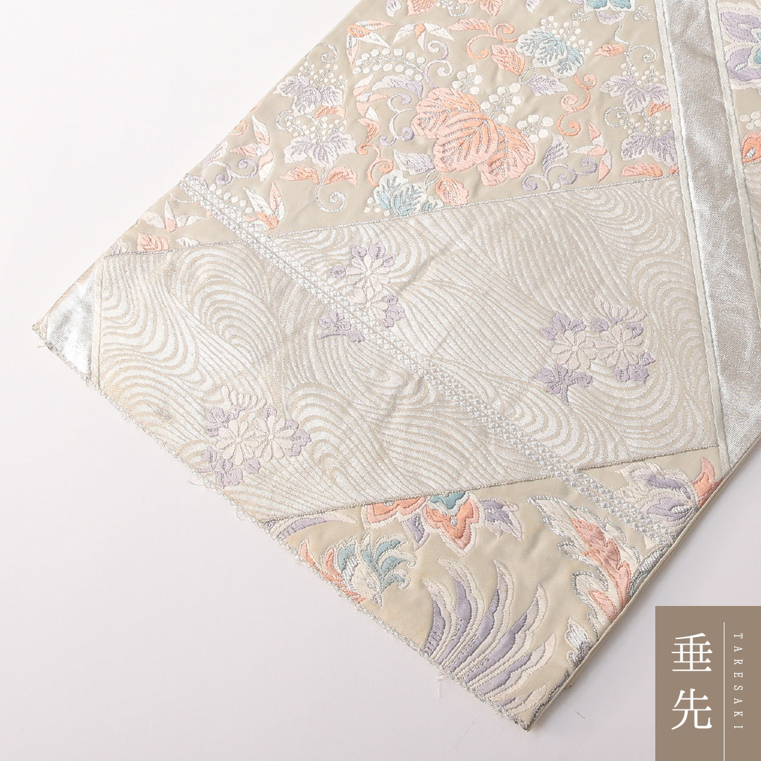 袋帯 帯丈414cm 正絹 六通 帯端のみ未仕立て フォーマル 裂取り 鳳凰 クリーム系 銀系 1243-01809
