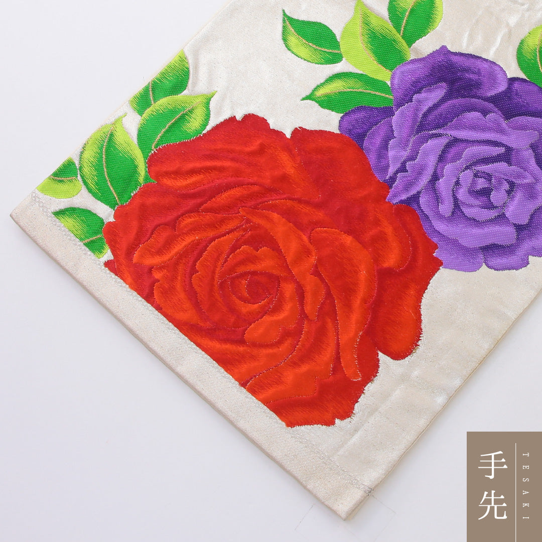 袋帯 帯丈418cm 正絹 六通 セミフォーマル 薔薇 クリーム系 1243-02188