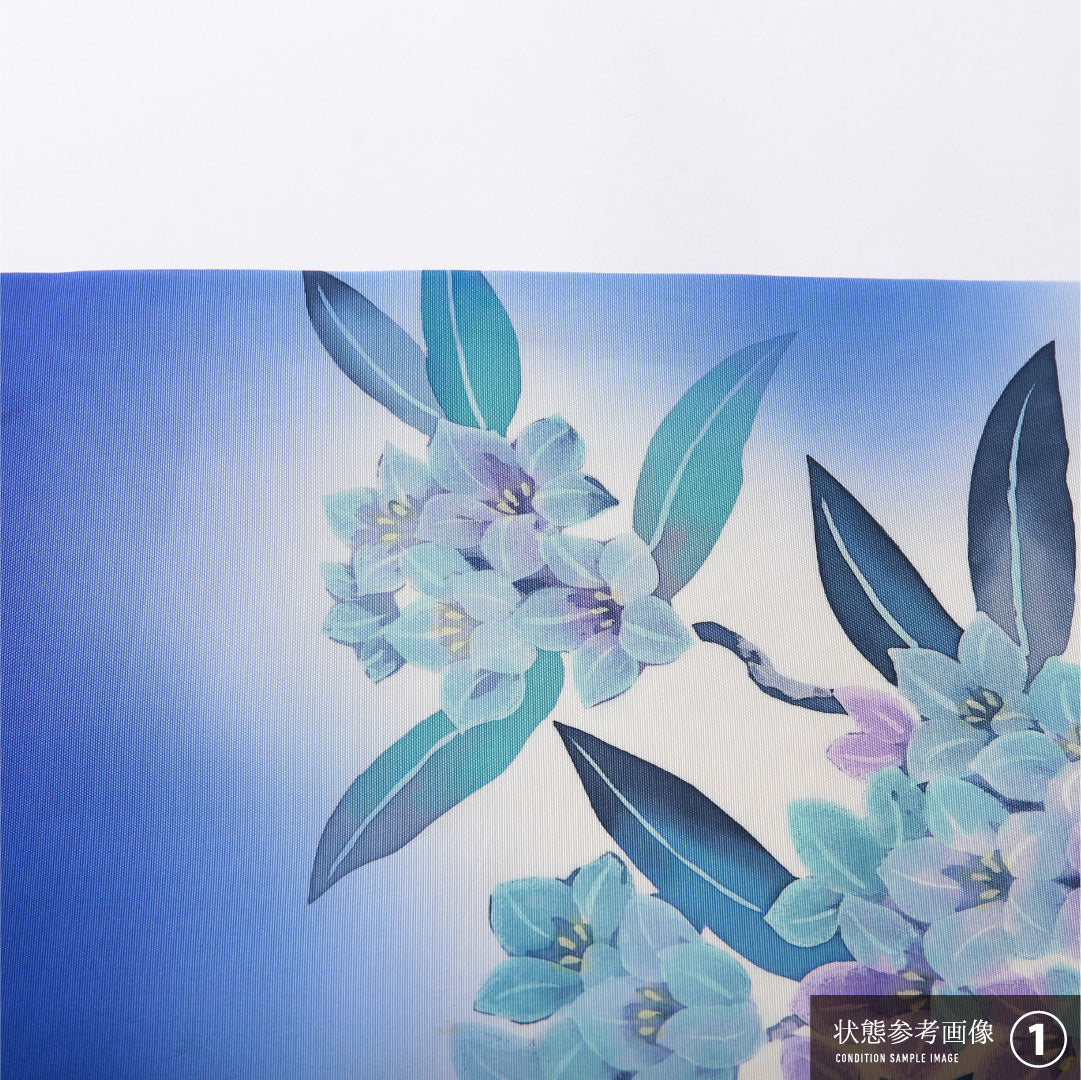 九寸名古屋帯 帯丈380cm カジュアル 開き仕立て ポイント柄 Bランク 正絹 染め帯 塩瀬 花柄 青系 1224-03914