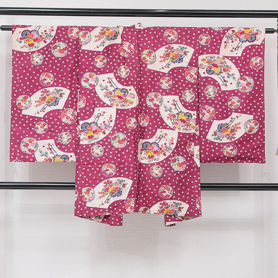 アンティーク 羽織（紬） 袷 身丈93cm 裄丈63cm 正絹 Cランク Sサイズ 後染め 扇 牡丹 紫系 1217-15324