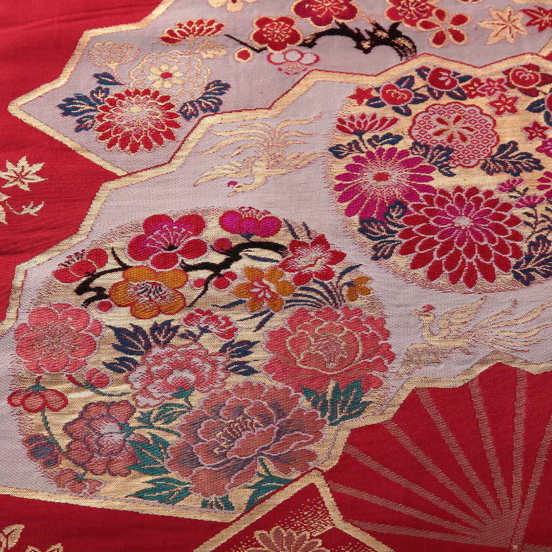 アンティーク 九寸名古屋帯 帯丈321cm インフォーマル 名古屋仕立て ポイント柄 Aランク 正絹 鳳凰 菊 赤系 1224-03526