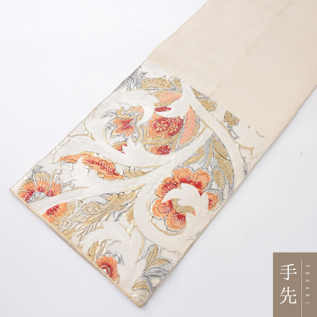 袋帯 帯丈410cm セミフォーマル 六通 未仕立て Cランク 正絹 唐華 クリーム系 1223-02228