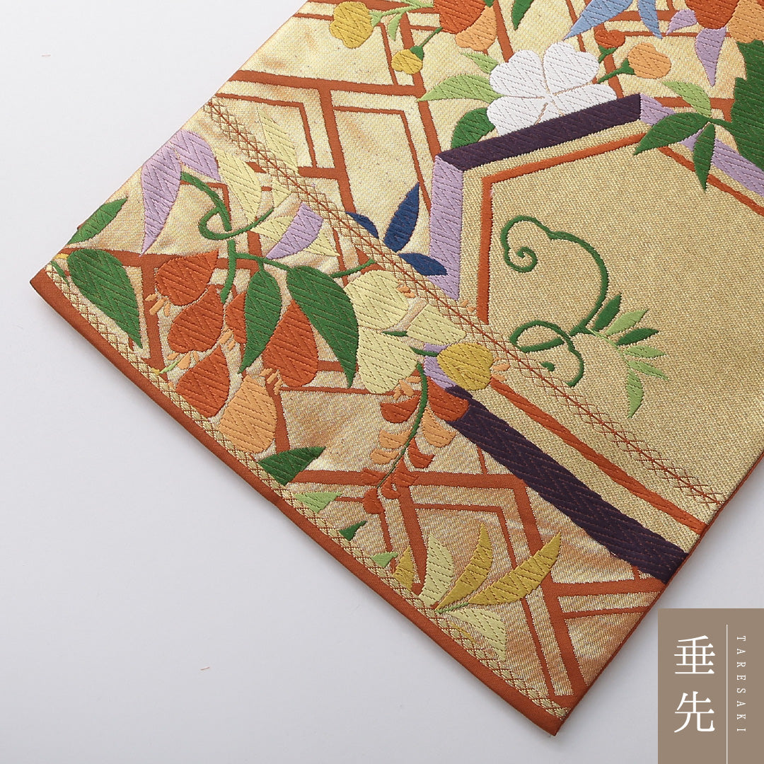 新古品 袋帯 帯丈428cm 珀寿錦 セミフォーマル 六通 Nランク 正絹 植物柄 落款 しつけ糸 青系 1223-02082