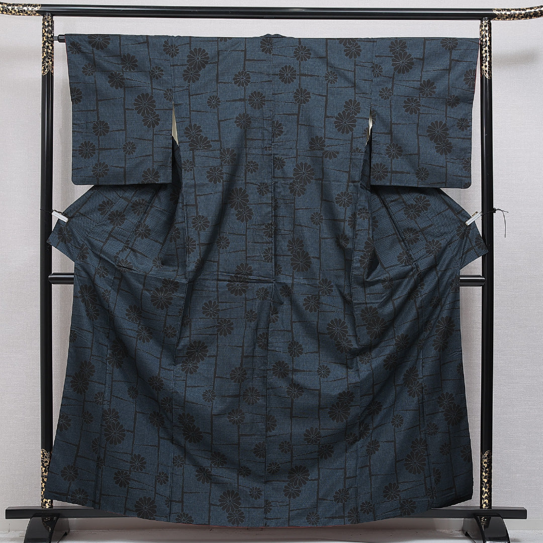 紬 袷 身丈161cm 裄丈65cm 正絹 Aランク カジュアル 広衿 Lサイズ 菊 紺系 RP 1223-15964