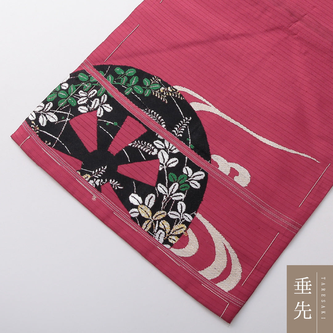 アンティーク 九寸名古屋帯 帯丈339cm 名古屋仕立て ポイント柄 Aランク 正絹 源氏車 花柄 ピンク系 1224-03695