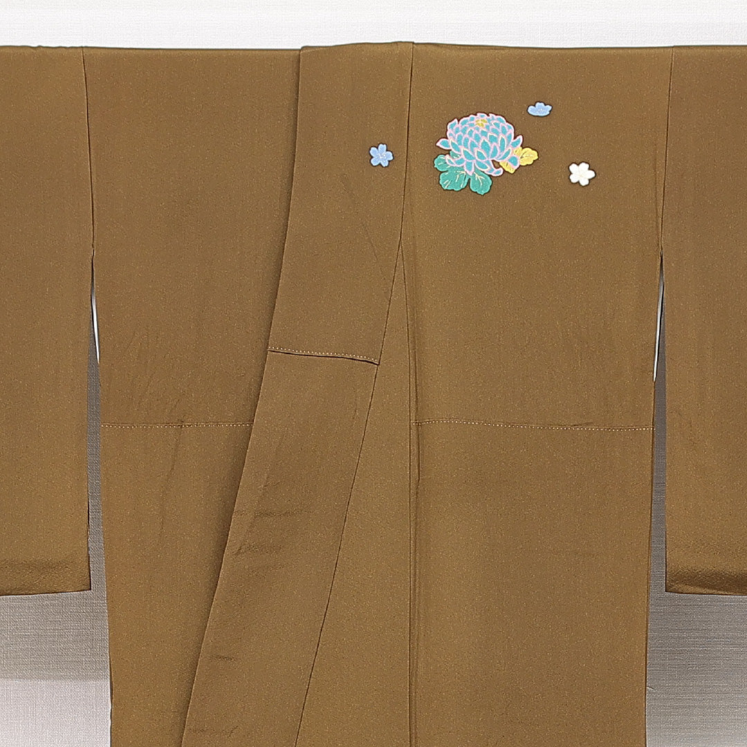 訪問着 袷 身丈169cm 裄丈70cm 正絹 Cランク セミフォーマル 広衿 XLサイズ 金彩 作家物 落款 芍薬 華やか 可愛らしい 茶系 RP 1217-15047
