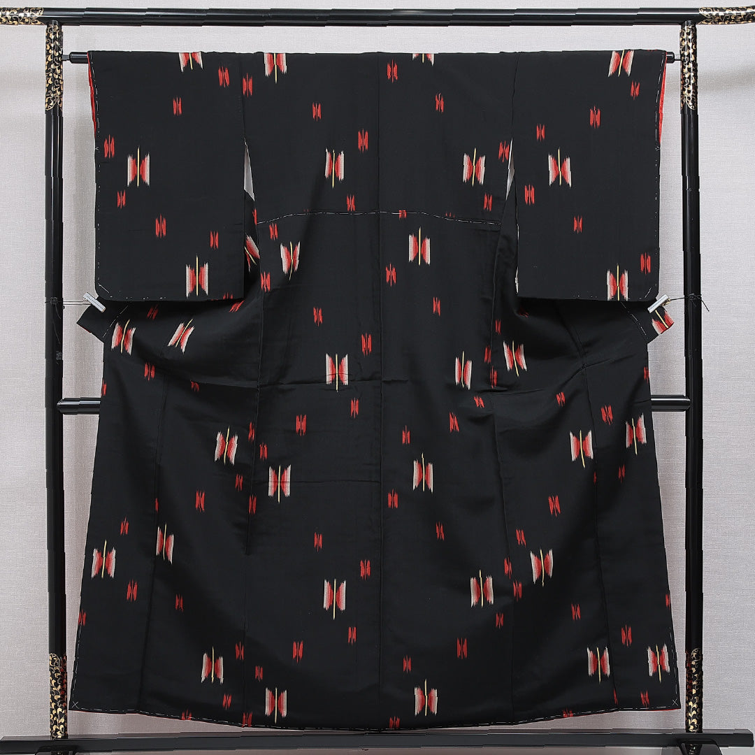 アンティーク お召 袷 身丈155cm 裄丈63cm 正絹 Aランク Mサイズ バチ衿 創作柄 黒系 1265-15968