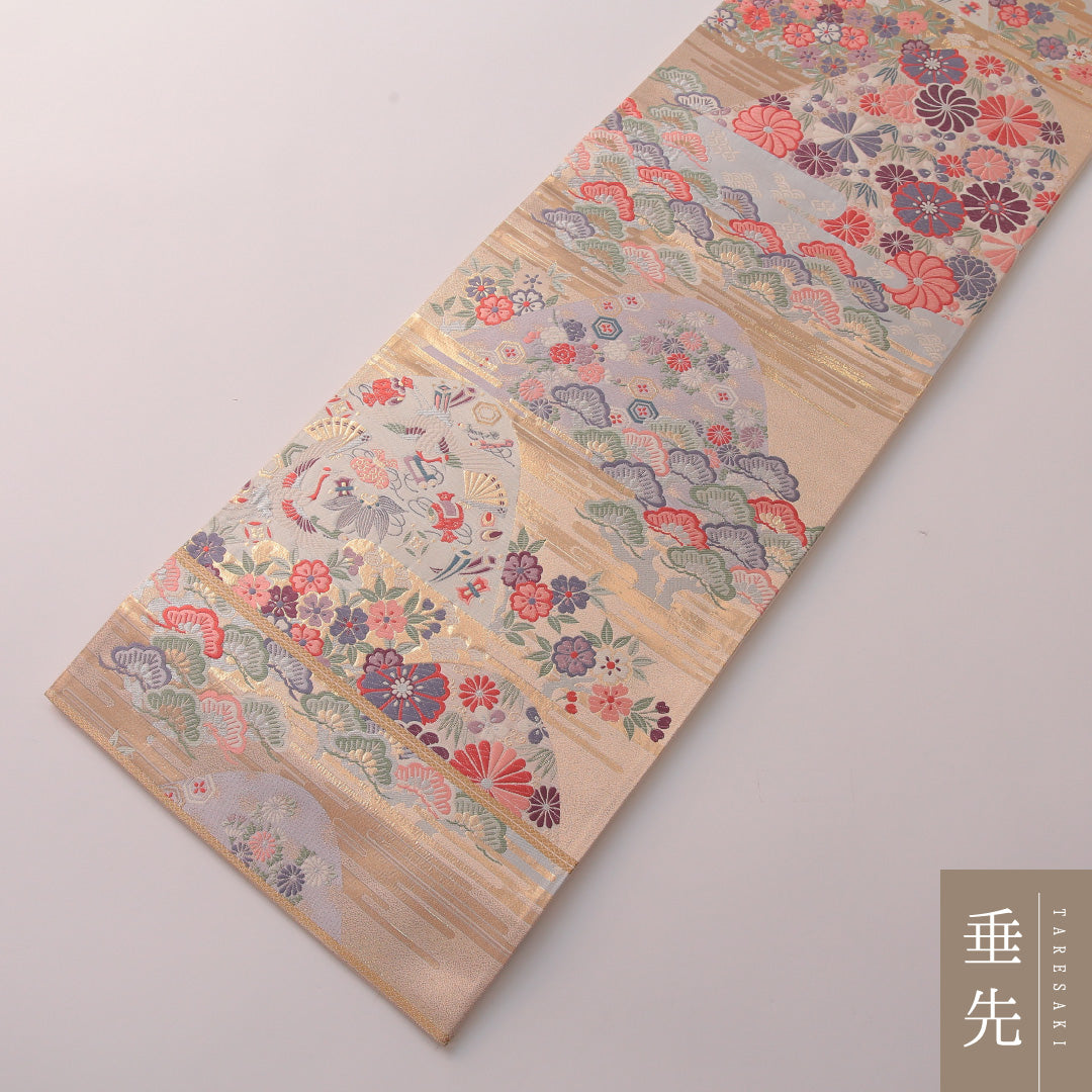袋帯 帯丈444cm 正絹 六通 フォーマル 唐織 貝合わせ 吉祥文様 金系 白系 1243-01767