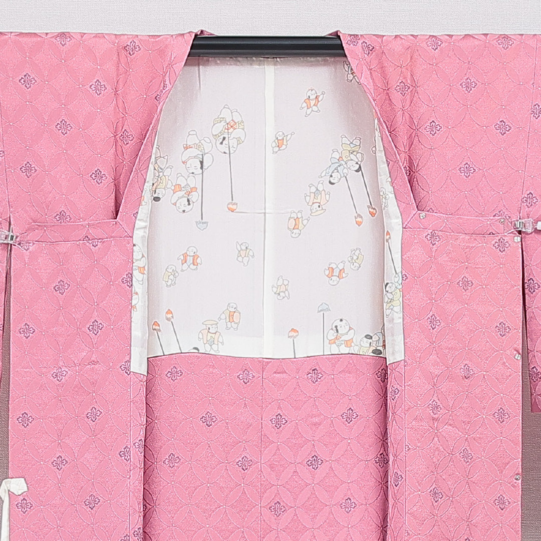 道行コート 袷 身丈87cm 裄丈64cm 正絹 Sランク Mサイズ フォーマル ポケットあり 織り出し 七宝 ピンク系 1263-16862