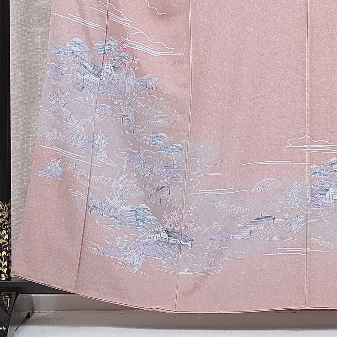 訪問着 袷 身丈161cm 裄丈64cm 正絹 Cランク セミフォーマル 広衿 Lサイズ ぼかし 茶屋辻 古典的 しとやか ピンク系 RP 1217-16045