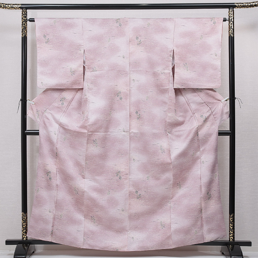 小紋 洗える着物 袷 身丈162cm 裄丈62cm ポリエステル Sランク Lサイズ 広衿 インフォーマル 花瓶 青海波 ピンク系 1215-15801