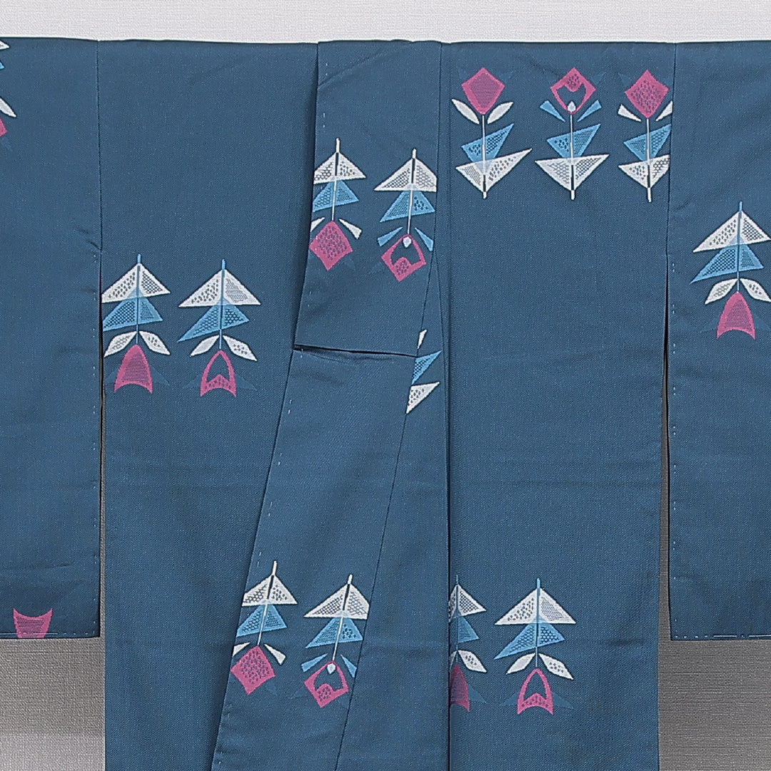 洗える着物 紬 袷 身丈157cm 裄丈62cm ポリエステル Aランク カジュアル 広衿 Mサイズ 花柄 青系 RP 1223-16404