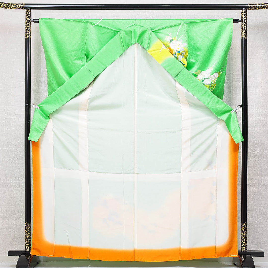 訪問着 袷 身丈167cm 裄丈62cm 正絹 Aランク セミフォーマル 広衿 XLサイズ 尾長鳥 牡丹 緑系 RP 1217-15085