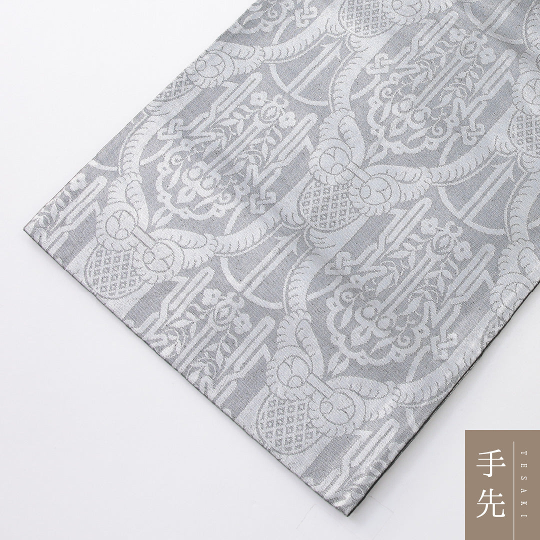 袋帯 帯丈414cm セミフォーマル 六通 帯芯なし Aランク 正絹 ペルシャ文様 銀系 1223-02230