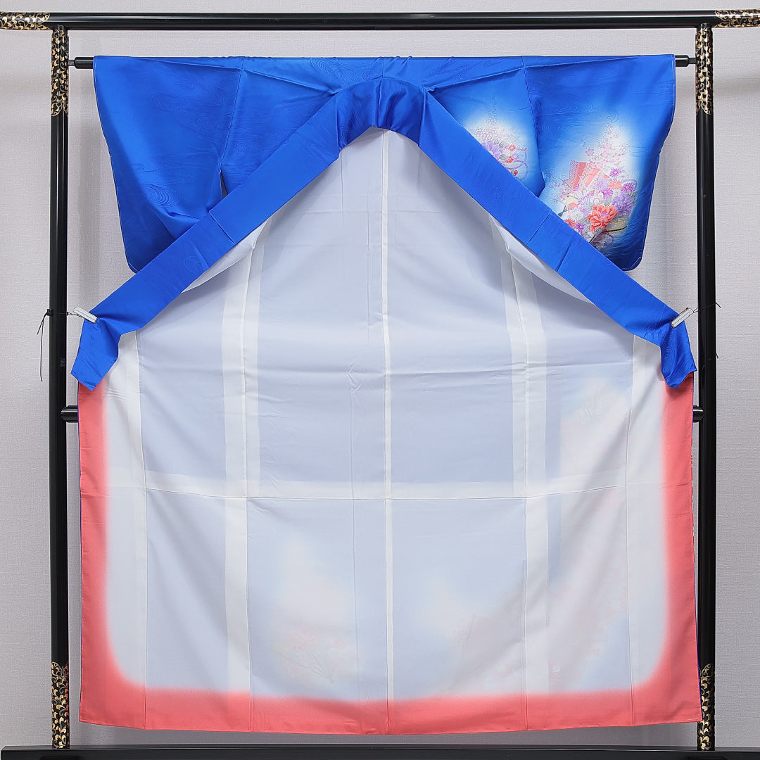 訪問着 洗える着物 袷 身丈159cm 裄丈62cm ポリエステル Sランク Mサイズ 広衿 セミフォーマル 紋意匠 流水 古典柄 ぼかし染 青系 1212-16083