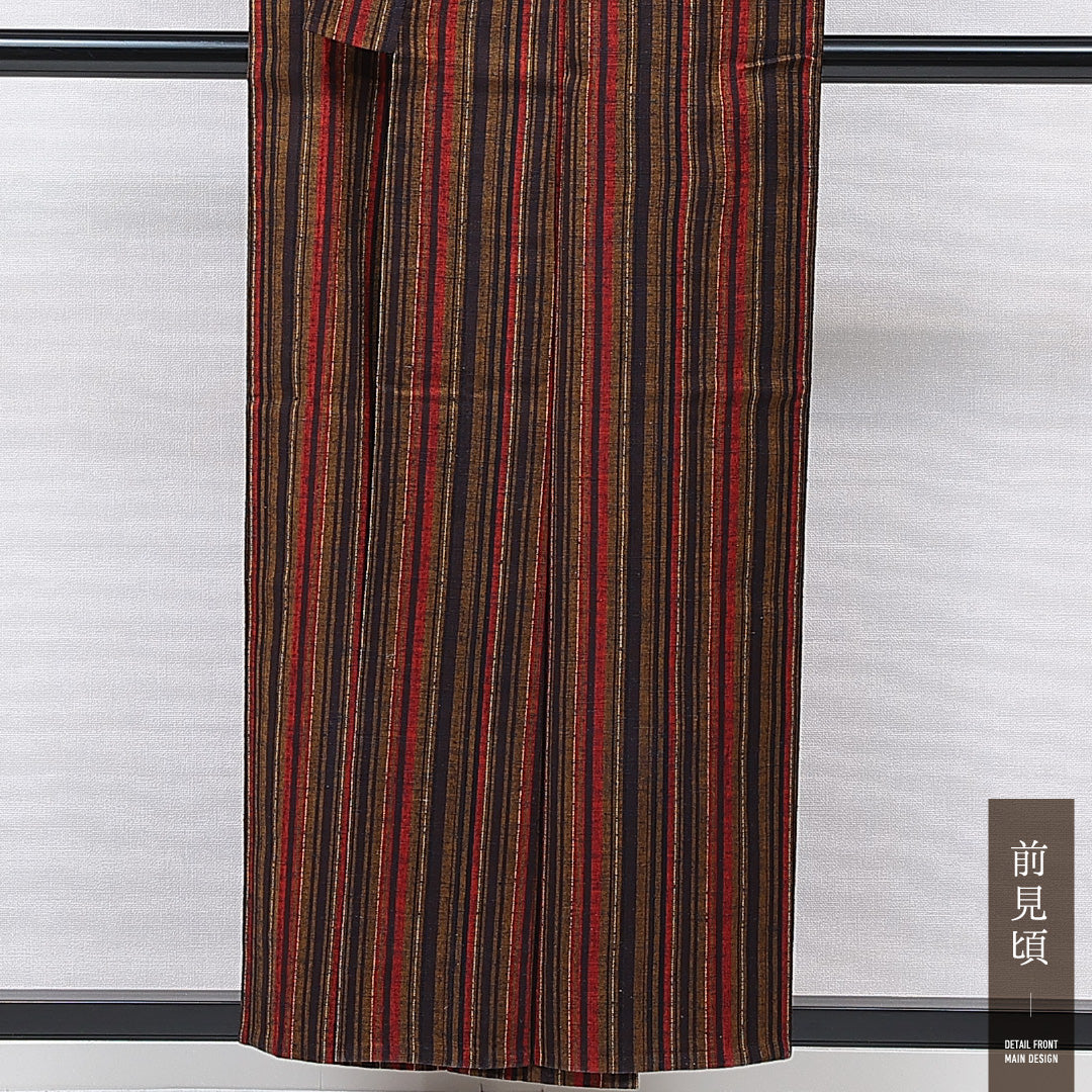 紬 単衣 身丈154cm 裄丈62cm 正絹 Sランク カジュアル バチ衿 Sサイズ 居敷当て 肩当て 縞 茶系 RP 1223-15539