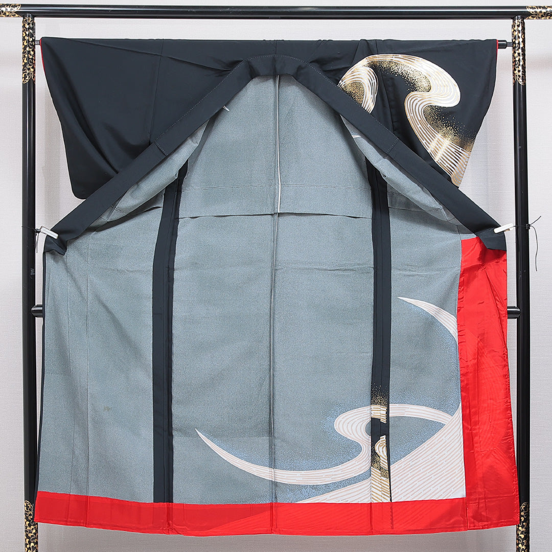 付下げ 洗える着物 単衣 身丈150cm 裄丈66cm ポリエステル Sランク Sサイズ バチ衿 インフォーマル 創作柄 黒系 1261-16282