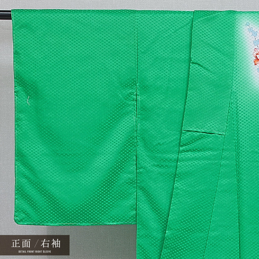 洗える着物 付下げ 袷 身丈162cm 裄丈66cm ポリエステル Aランク インフォーマル 広衿 Lサイズ 花柄 緑系 HP 1218-16399