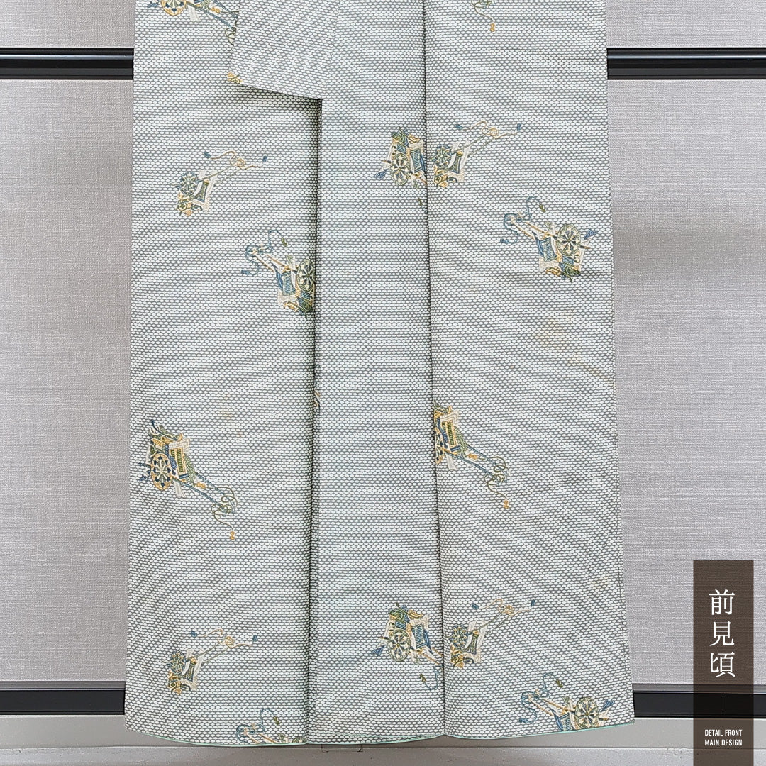 小紋 洗える着物 袷 身丈155cm 裄丈62cm ポリエステル Cランク Mサイズ 広衿 インフォーマル 御所車 亀甲 クリーム系 1215-16091