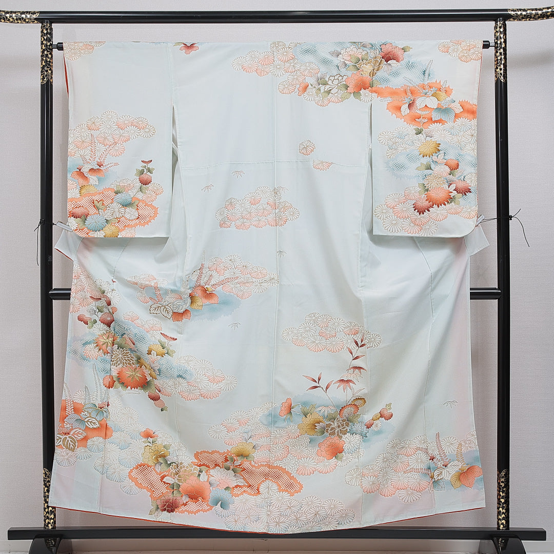 訪問着 洗える着物 袷 身丈160cm 裄丈64cm ポリエステル Cランク Lサイズ バチ衿 セミフォーマル 菊 桐 刺繍 水色系 1212-16096