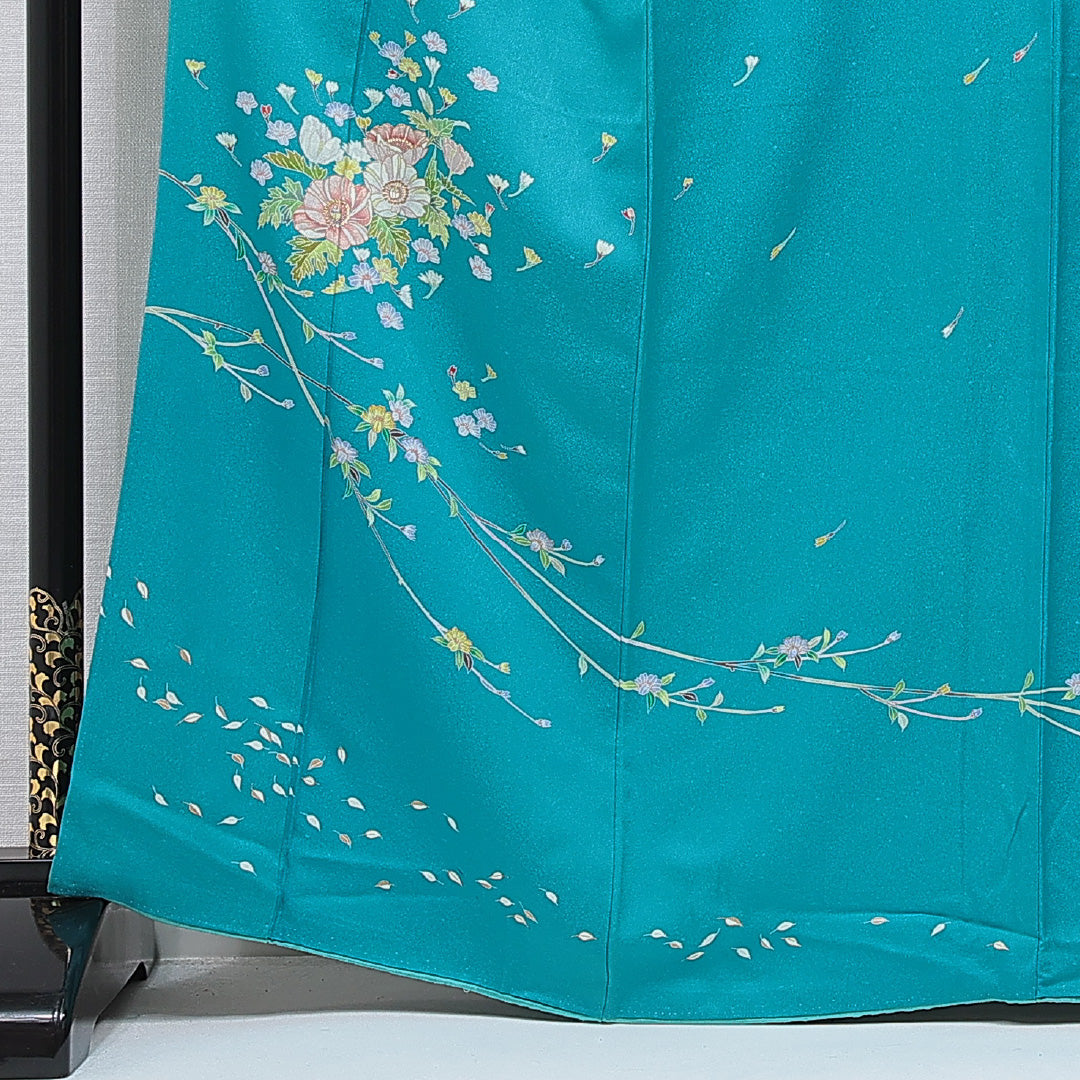 訪問着 洗える着物 袷 身丈163cm 裄丈67cm ポリエステル Cランク Lサイズ 広衿 セミフォーマル 牡丹 青系 緑系 1212-15678
