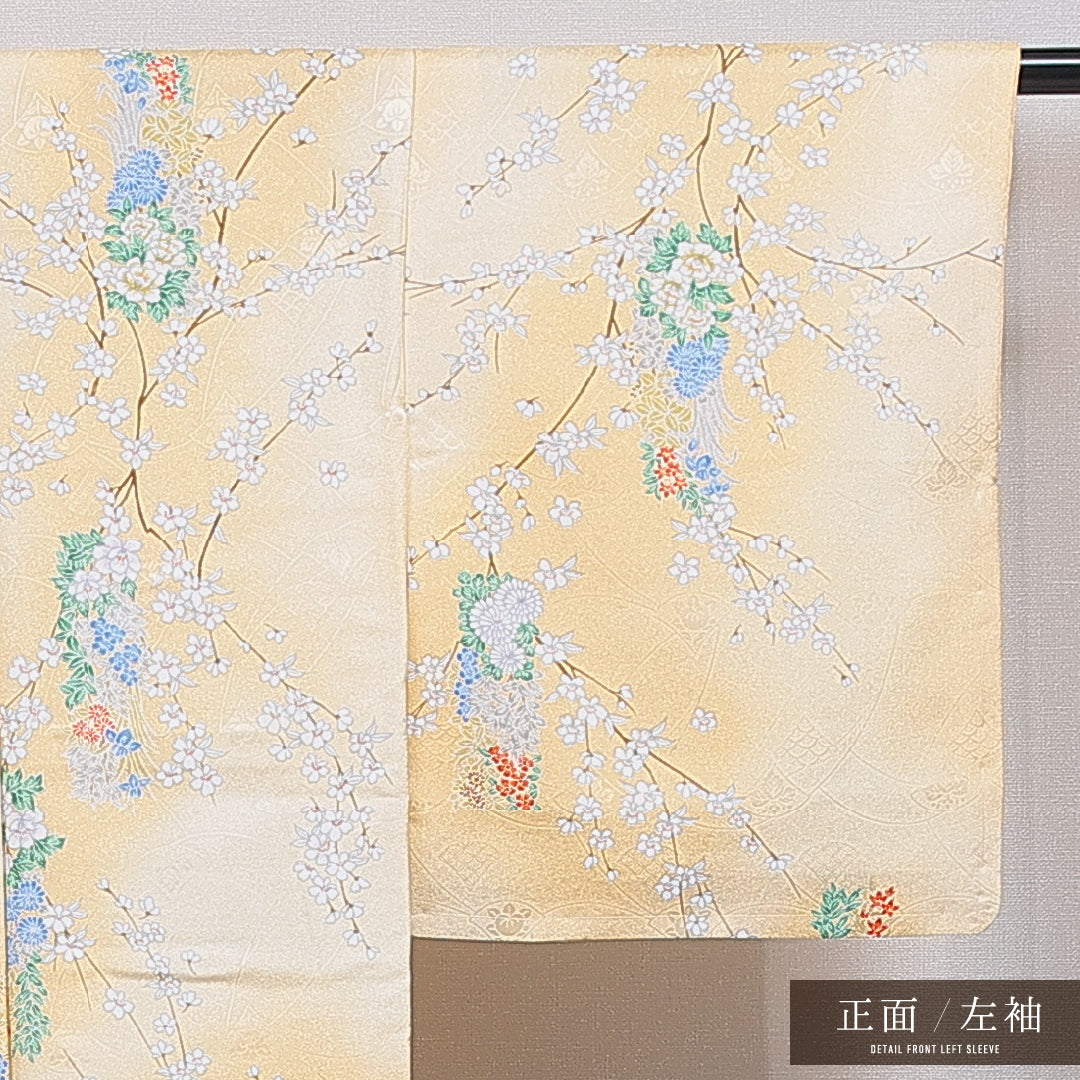 洗える着物 小紋 袷 身丈163cm 裄丈64cm ポリエステル Sランク インフォーマル 広衿 Lサイズ 牡丹 桜 黄系 RP 1221-16327