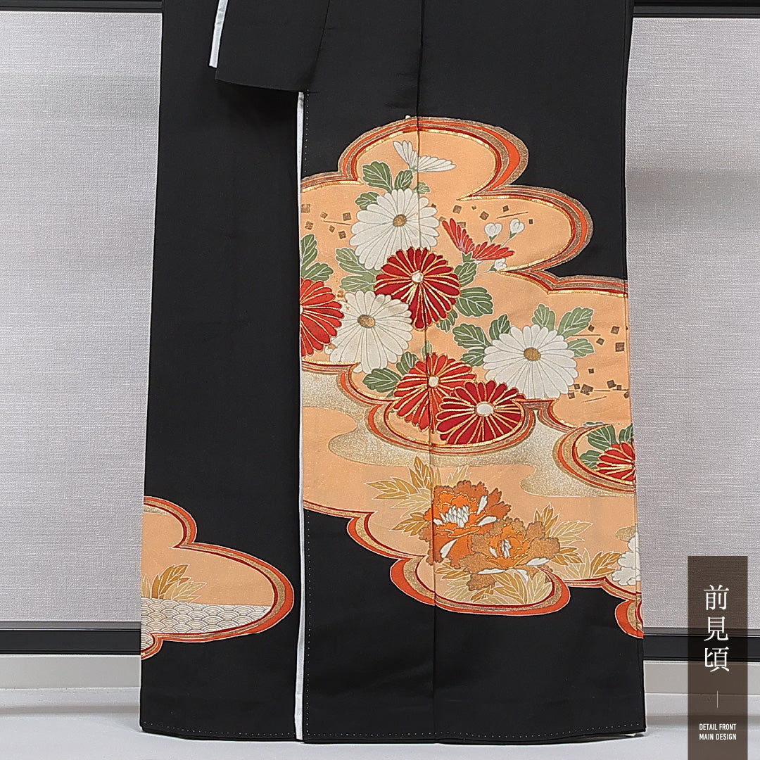 黒留袖 袷 身丈159cm 裄丈65cm 五つ紋 五三桐 フォーマル Cランク Mサイズ 正絹 比翼仕立て 広衿 菊 金駒刺繍 1211-F0740