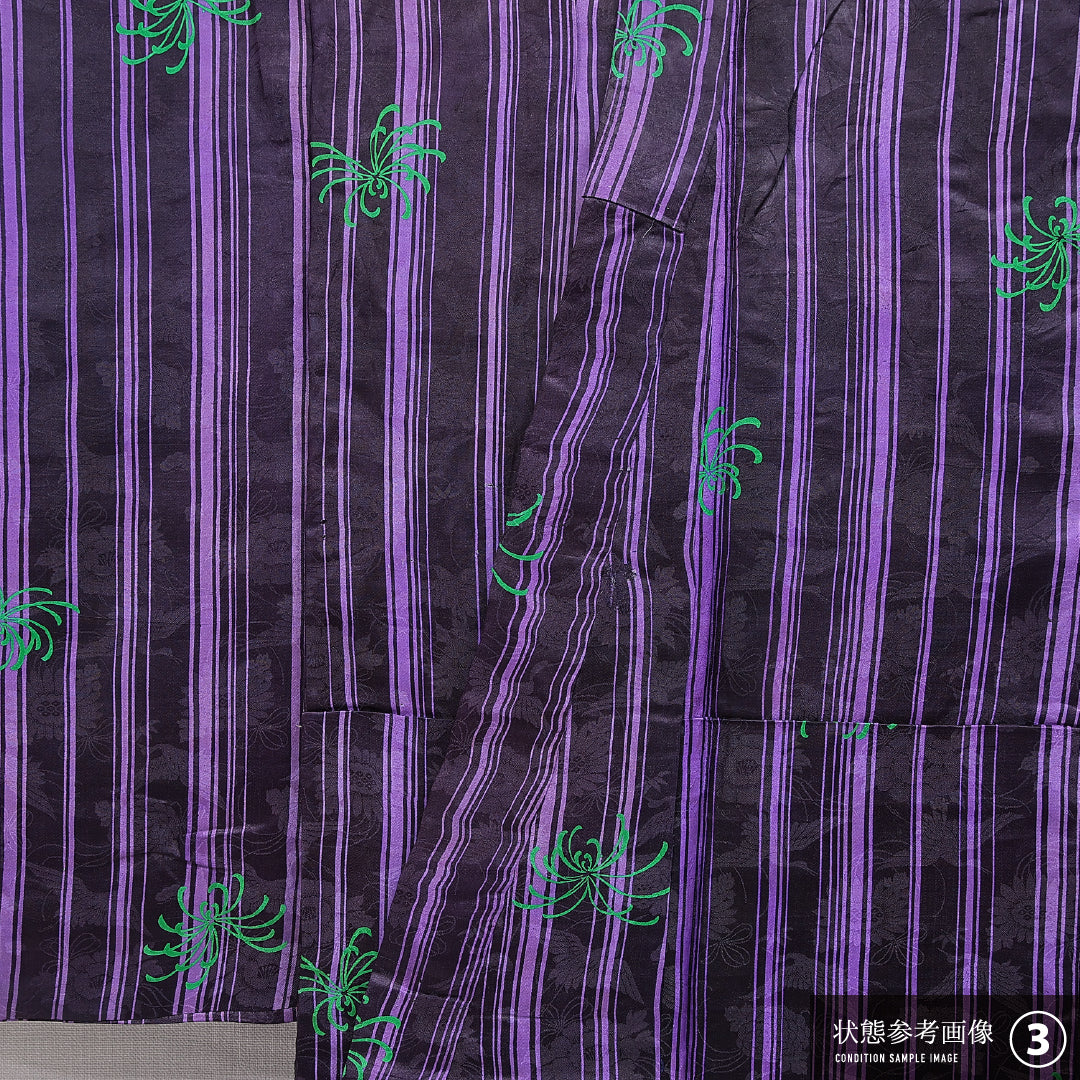 アンティーク 付下げ 袷 身丈137cm 裄丈61cm 正絹 Dランク XSサイズ バチ衿 三つ紋（丸に太九枚笹） 縞 黒系 1261-16743