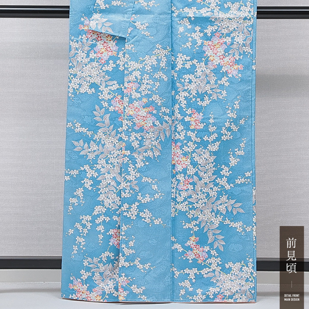 洗える着物 小紋 袷 身丈162cm 裄丈64cm ポリエステル Sランク インフォーマル 広衿 Lサイズ 桜 水色系 RP 1221-15833