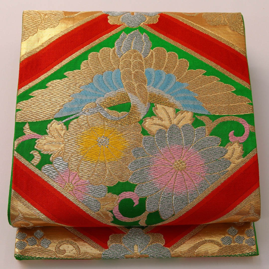 袋帯 帯丈408cm フォーマル 六通 Sランク 正絹 鶴 菊 緑系 金系 1223-01893