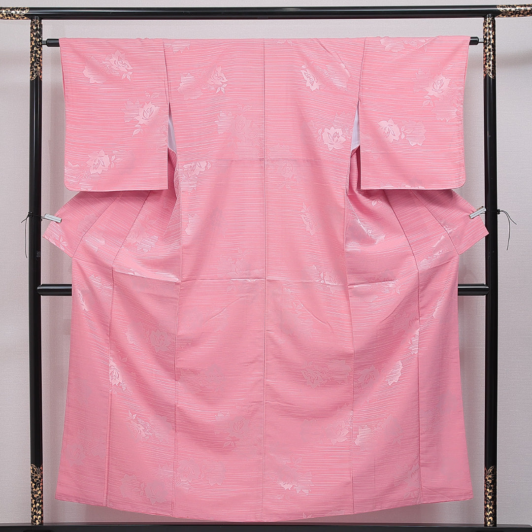 色無地 洗える着物 袷 身丈153cm 裄丈63cm ポリエステル Aランク Sサイズ 広衿 インフォーマル 薔薇 ピンク系 1214-16093