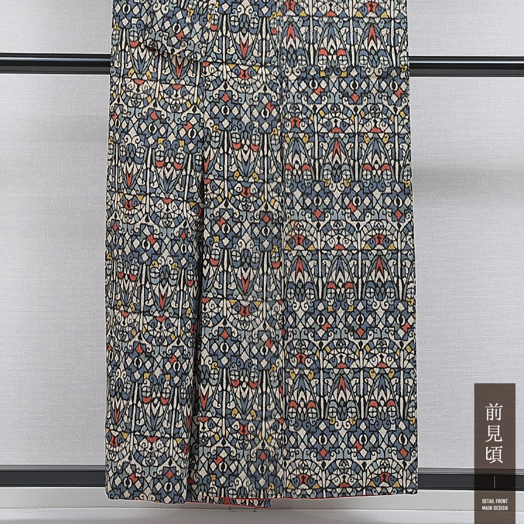 アンティーク お召 袷 身丈155cm 裄丈62cm 正絹 Cランク Mサイズ 広衿 創作柄 多色系 1265-16042