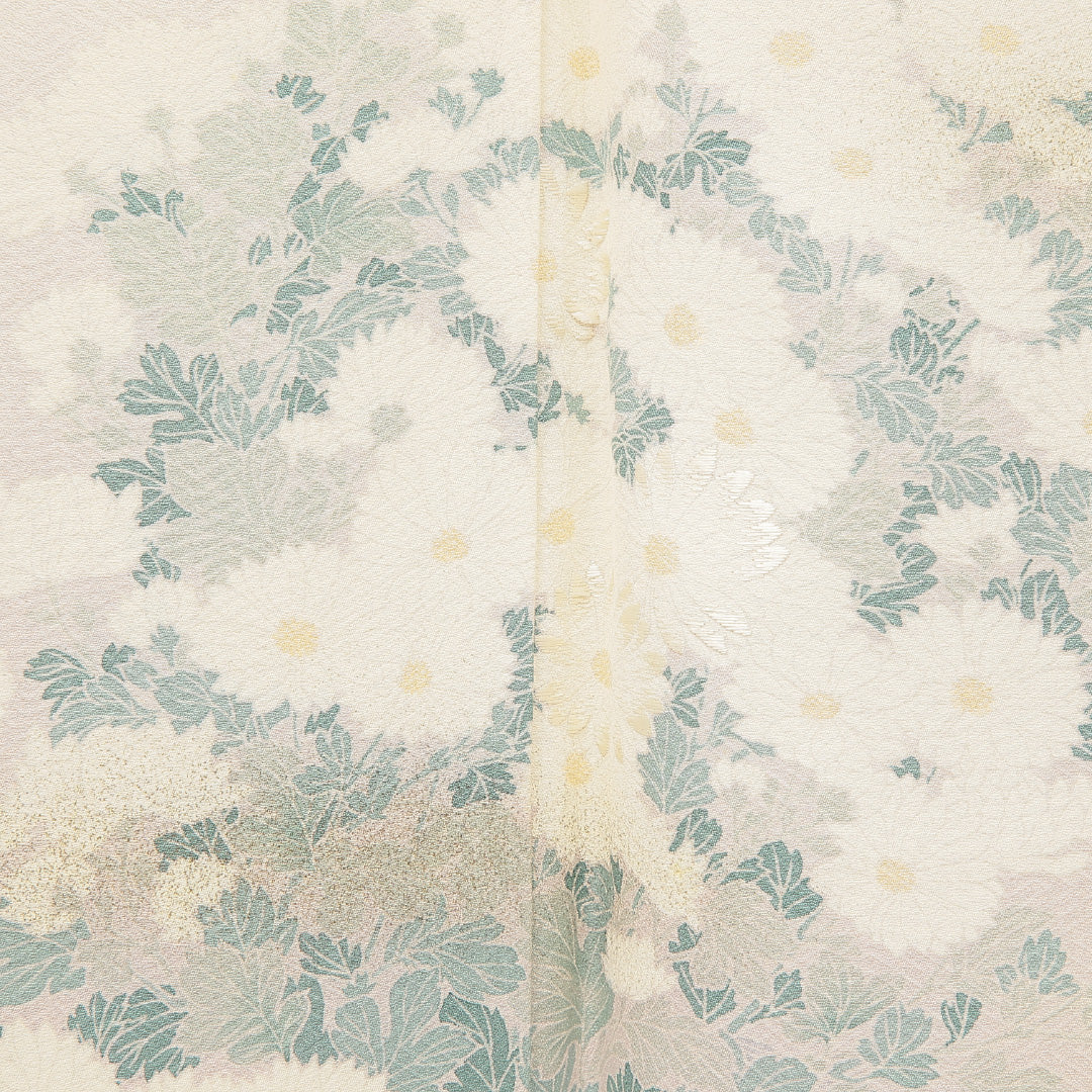 訪問着 袷 身丈158cm 裄丈64cm 正絹 Cランク Mサイズ 広衿 セミフォーマル 流水 菊 クリーム系 1212-16911