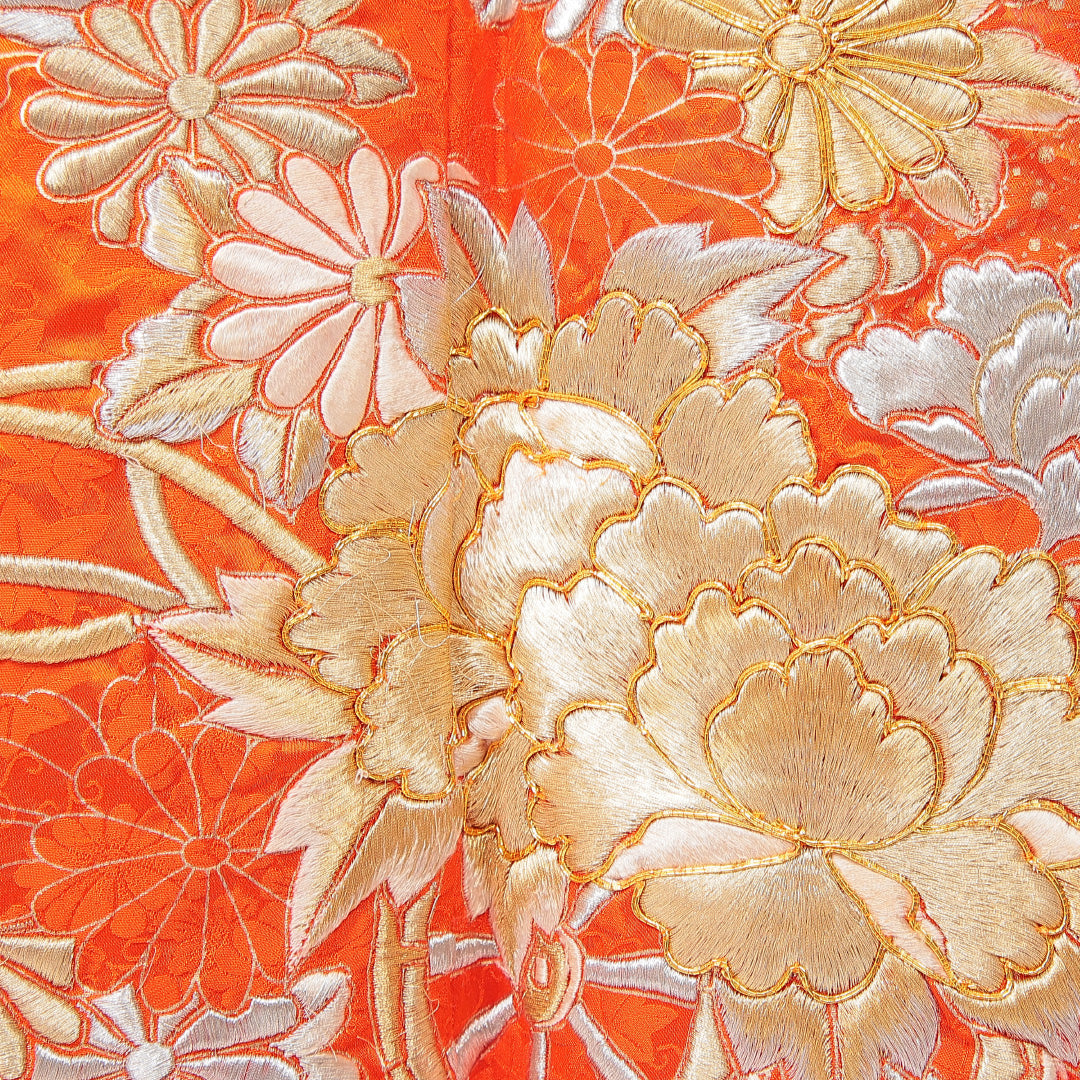 振袖 袷 身丈154cm 裄丈63cm フォーマル Cランク Sサイズ 正絹 広衿 牡丹 刺繍 金駒刺繍 1213-F0678