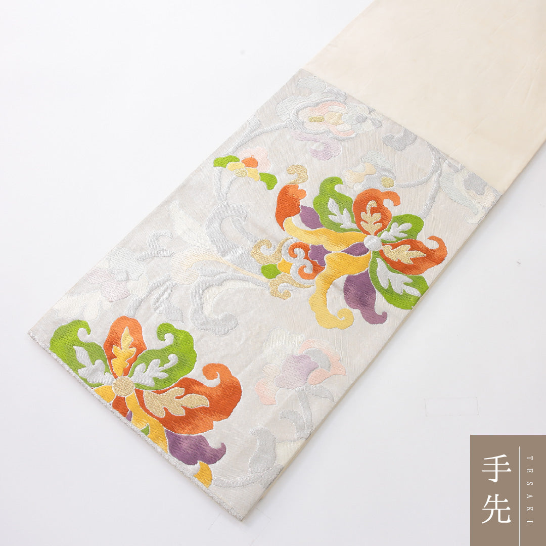 袋帯 帯丈418cm 正絹 六通 フォーマル 唐草華文 クリーム系 1243-02226