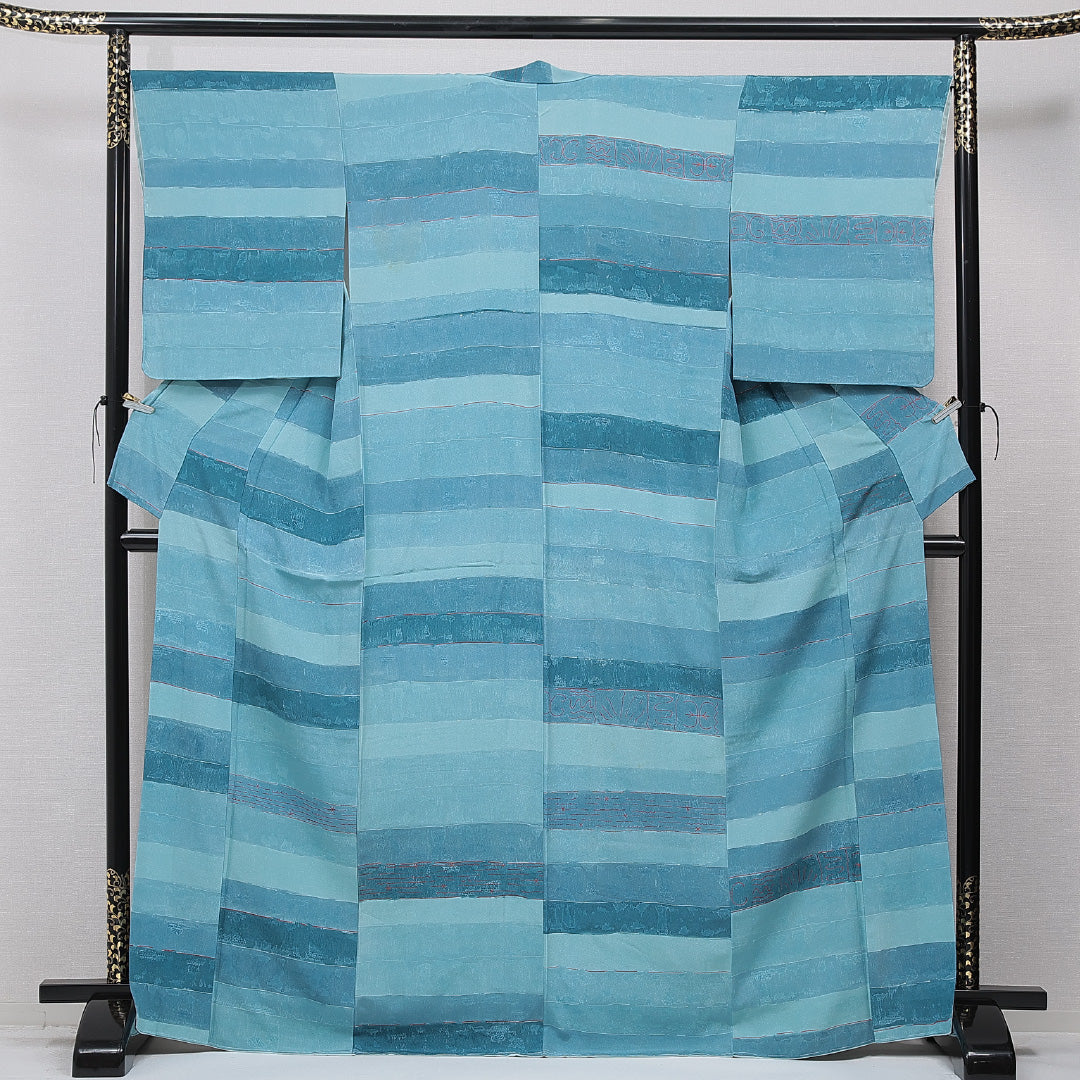 小紋 袷 身丈168cm 裄丈67cm 正絹 Cランク XLサイズ 広衿 インフォーマル 抽象柄 青系 水色系 1215-15656