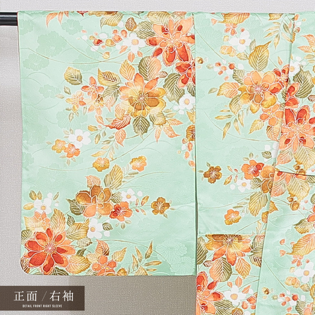 洗える着物 小紋 袷 身丈156cm 裄丈62cm ポリエステル Bランク インフォーマル 広衿 Mサイズ 花柄 緑系 RP 1221-16229