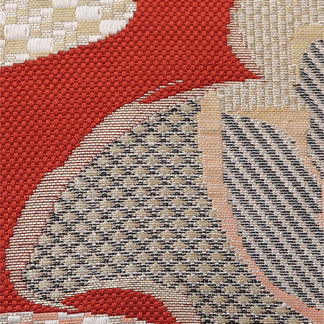 八寸名古屋帯 帯丈351cm カジュアル 松葉仕立て 六通 帯芯なし Sランク 正絹 花柄 朱系 赤系 1224-03457