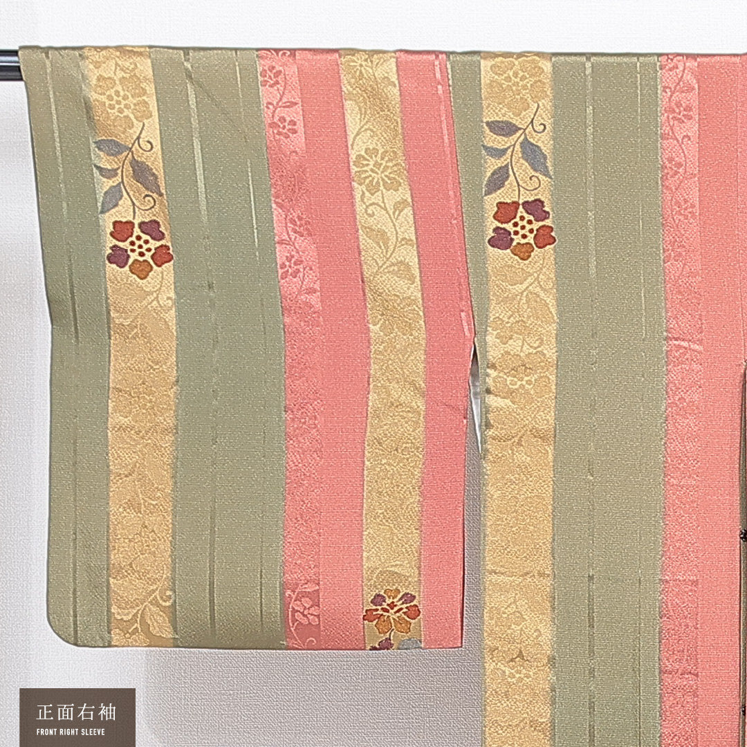 道行コート 袷 身丈91cm 裄丈65cm 正絹 Sランク カジュアル Mサイズ 織り出し ポケットあり 花柄 緑系 RP 1237-16804