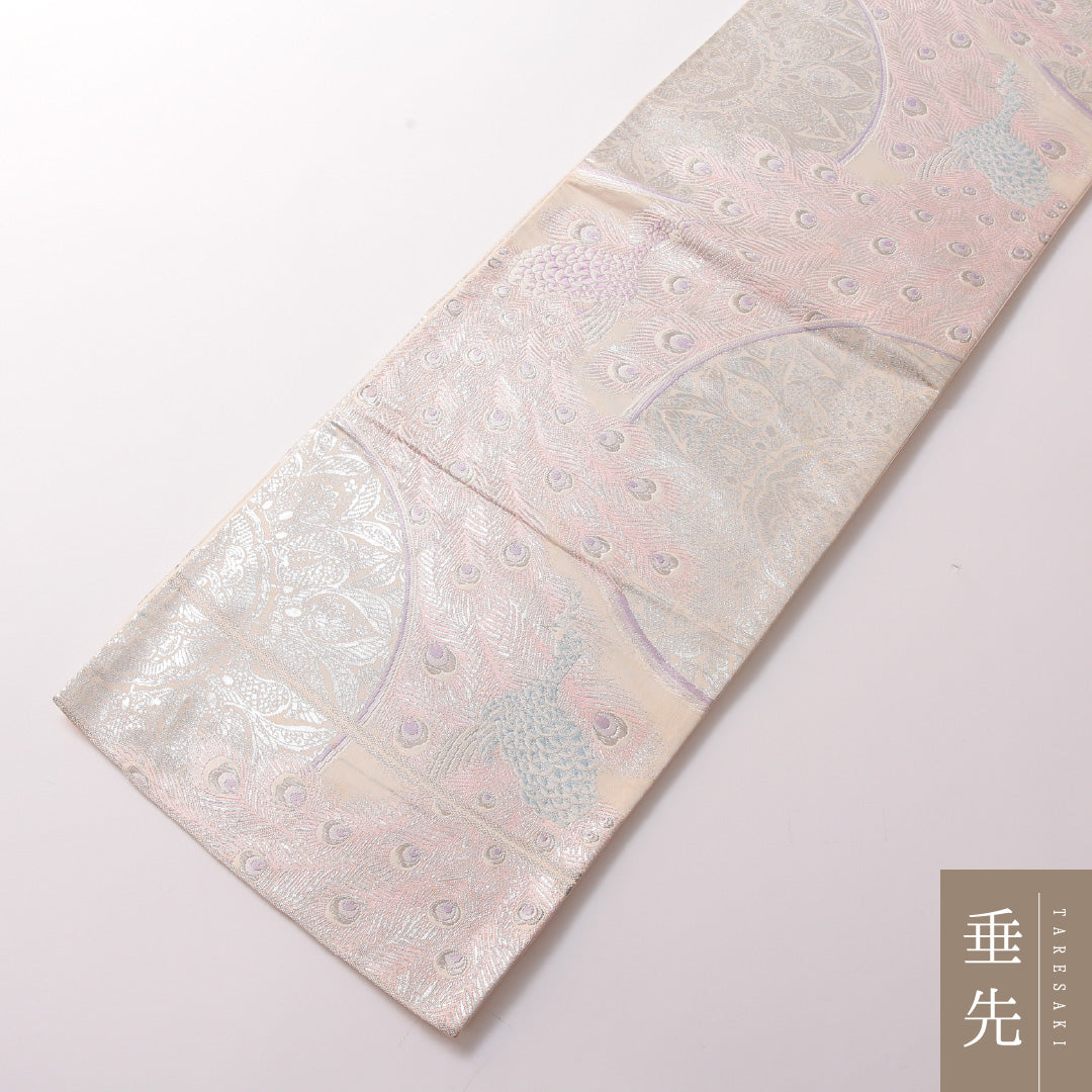 振袖用 袋帯 帯丈416cm 正絹 六通 鏡裏文 孔雀 銀系 クリーム系 1243-01790