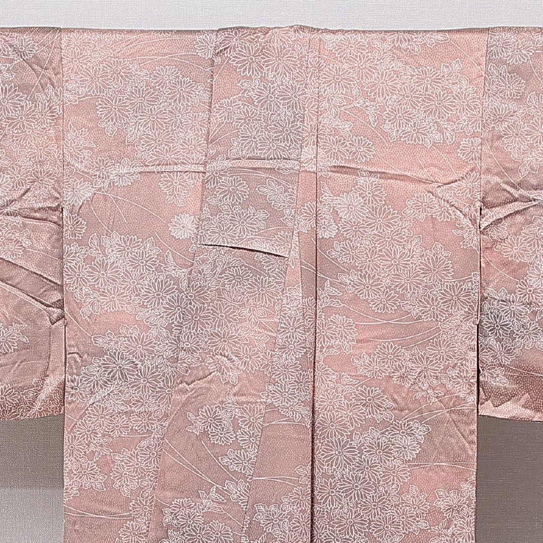 小紋 袷 身丈157cm 裄丈62cm 正絹 Cランク インフォーマル 広衿 Mサイズ 菊 ピンク系 LP 1221-15514