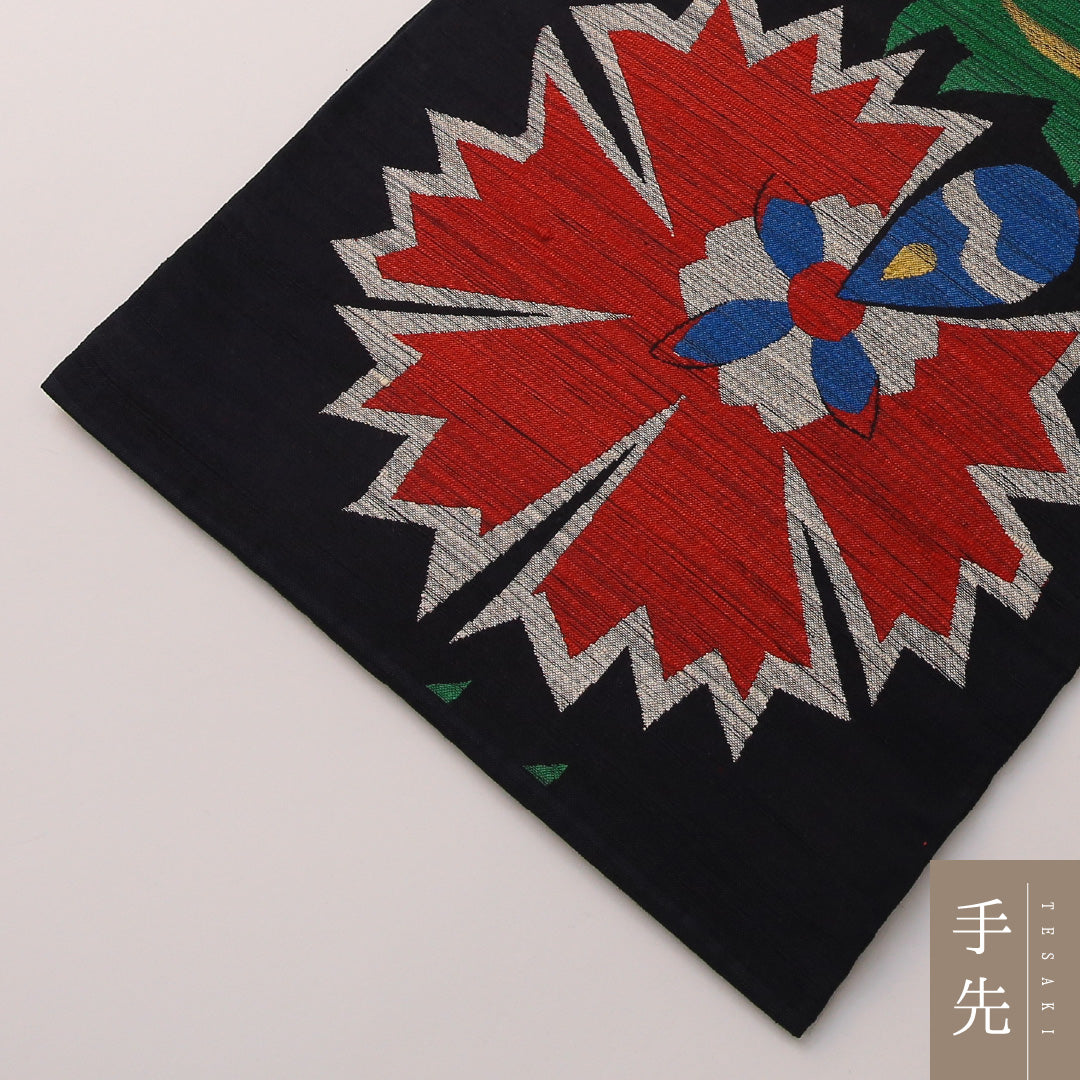 袋帯 帯丈424cm カジュアル 六通 帯芯なし Sランク 正絹 花柄 紺系 1223-01906