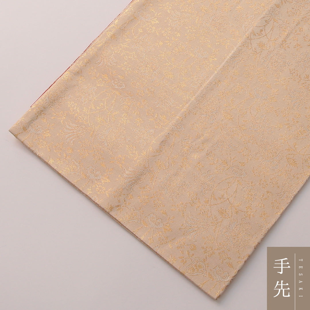 袋帯 帯丈448cm セミフォーマル ポイント柄 未仕立て 帯芯なし Aランク 正絹 唐草 クリーム系 朱系 1223-01888