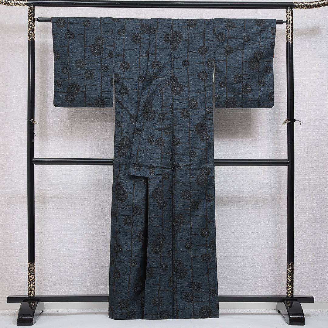 紬 袷 身丈161cm 裄丈65cm 正絹 Aランク カジュアル 広衿 Lサイズ 菊 紺系 RP 1223-15964